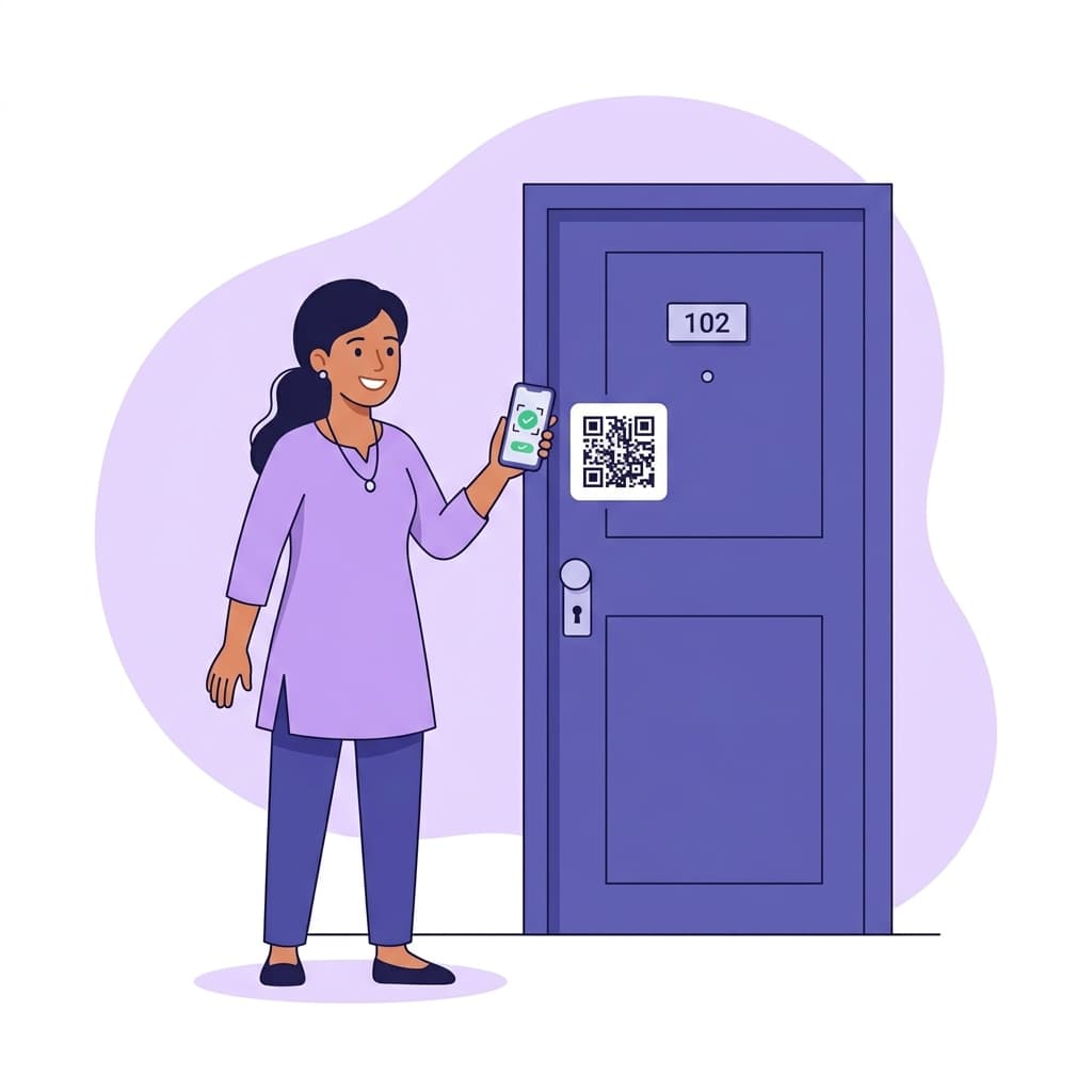 Tenant scanning QR code on apartment door to join FlatMitra